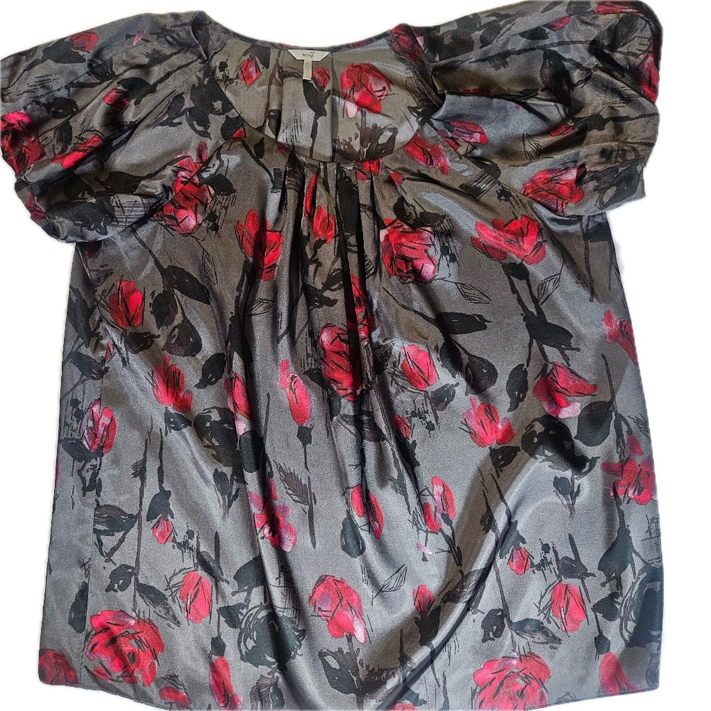 Metro‎ 7 Blouse Womens XL Gray Red Floral Satin Puff Sleeve Scoop Neck Pleated